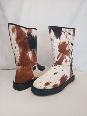Brown & White Calf Hair Cowhide Print Mid Calf Flat Boots 9 New!